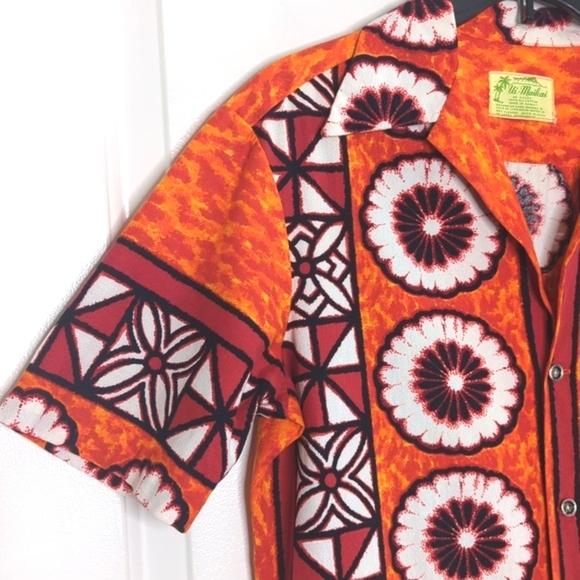 Vintage 60s Ui-Maikai Hawaiian Shirt Hibiscus Vibrant Orange Red Men's M - Picture 4 of 11